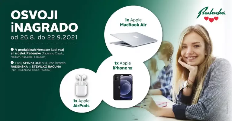Radenska logo in nagrade Apple MacBook Air, mobilni telefon Apple iPhone 12, brezžične slušalke Apple AirPods
